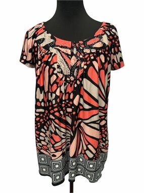 Energe Plus Coral Pink Butterfly Print Embellished Blouse Short Sleeve Top